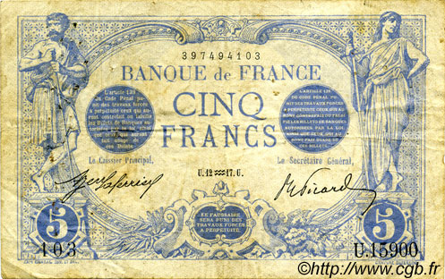 5 Francs BLEU FRANKREICH  1917 F.02.47 S