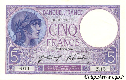 5 Francs FEMME CASQUÉE FRANCE  1917 F.03.01 UNC-