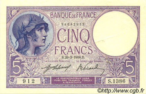 5 Francs FEMME CASQUÉE FRANCE  1918 F.03.02 AU+