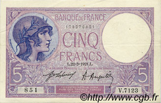 5 Francs FEMME CASQUÉE FRANCE  1921 F.03.05 XF+