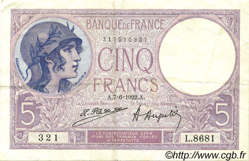 5 Francs FEMME CASQUÉE FRANCIA  1922 F.03.06 MBC+