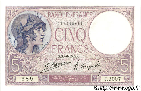 5 Francs FEMME CASQUÉE FRANKREICH  1922 F.03.06 fST
