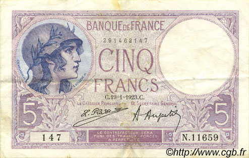 5 Francs FEMME CASQUÉE FRANCE  1923 F.03.07 VF-