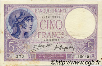 5 Francs FEMME CASQUÉE FRANCE  1923 F.03.07 VF+