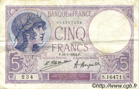 5 Francs FEMME CASQUÉE FRANCE  1924 F.03.08 VF