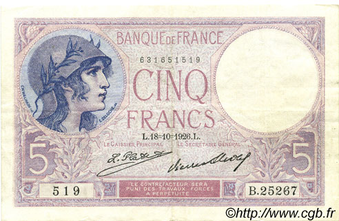 5 Francs FEMME CASQUÉE FRANCE  1926 F.03.10 XF-