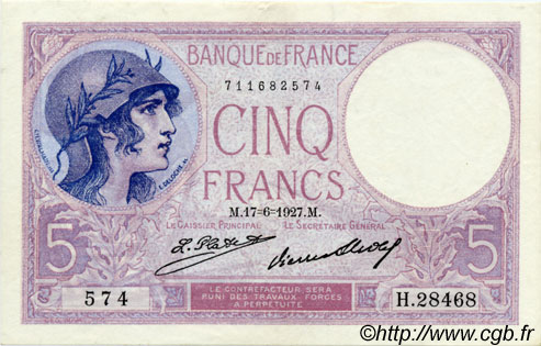 5 Francs FEMME CASQUÉE FRANCE  1927 F.03.11 XF