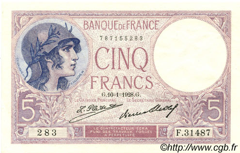 5 Francs FEMME CASQUÉE FRANKREICH  1928 F.03.12 fST+