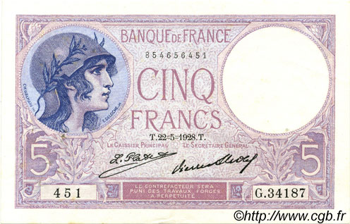 5 Francs FEMME CASQUÉE FRANCE  1928 F.03.12 XF