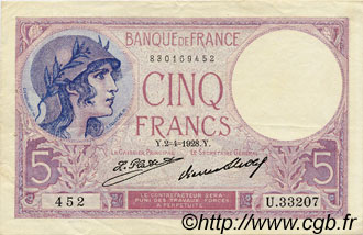 5 Francs FEMME CASQUÉE FRANCE  1928 F.03.12 VF - XF