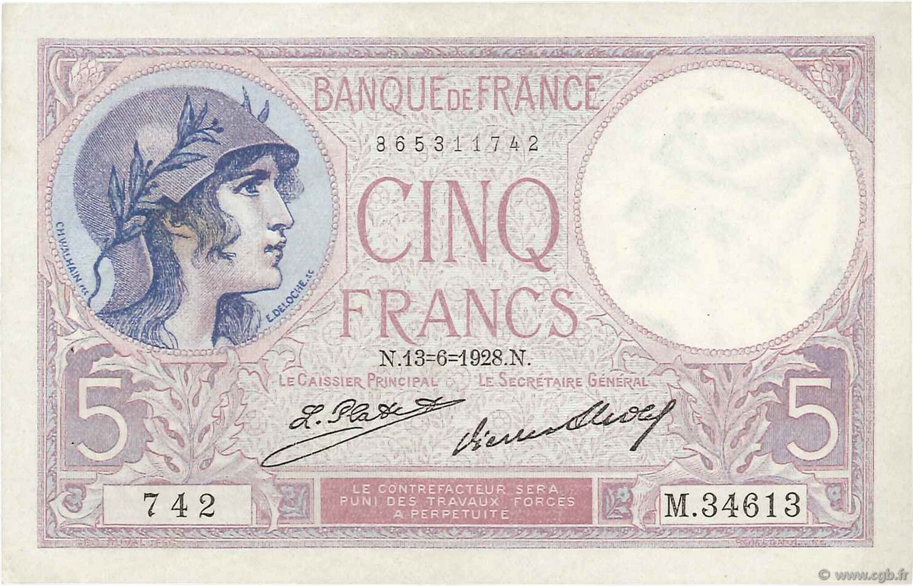 5 Francs FEMME CASQUÉE FRANCE  1928 F.03.12 XF - AU