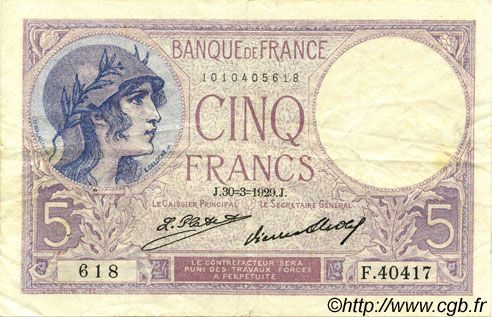 5 Francs FEMME CASQUÉE FRANKREICH  1929 F.03.13 SS
