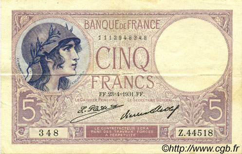 5 Francs FEMME CASQUÉE FRANCE  1931 F.03.15 VF