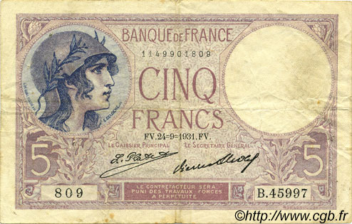 5 Francs FEMME CASQUÉE FRANCE  1931 F.03.15 F - VF