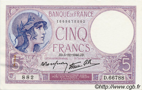 5 Francs FEMME CASQUÉE modifié FRANCIA  1939 F.04 EBC