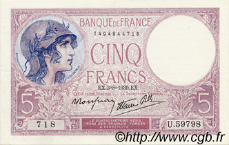 5 Francs FEMME CASQUÉE modifié FRANCE  1939 F.04.04 XF+