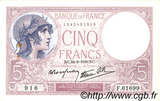 5 Francs FEMME CASQUÉE modifié FRANCIA  1939 F.04.07 EBC