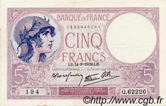 5 Francs FEMME CASQUÉE modifié FRANCE  1939 F.04.08 XF - AU