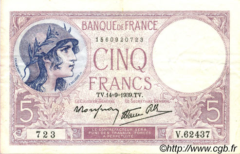5 Francs FEMME CASQUÉE modifié FRANKREICH  1939 F.04.08 VZ+