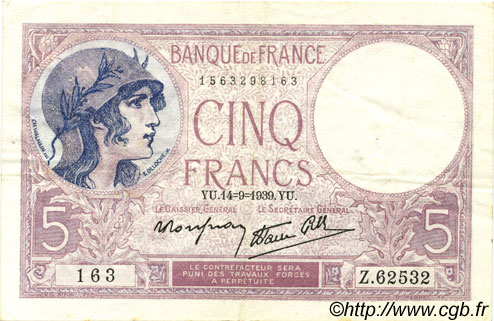 5 Francs FEMME CASQUÉE modifié FRANCE  1939 F.04.08 F+