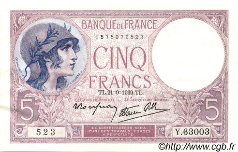 5 Francs FEMME CASQUÉE modifié  FRANCE  1939 F.04.09 XF