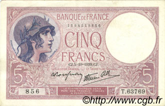 5 Francs FEMME CASQUÉE modifié FRANKREICH  1939 F.04.11 VZ