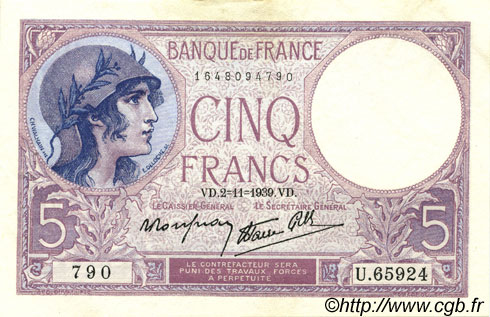 5 Francs FEMME CASQUÉE modifié FRANCIA  1939 F.04.14 SPL+