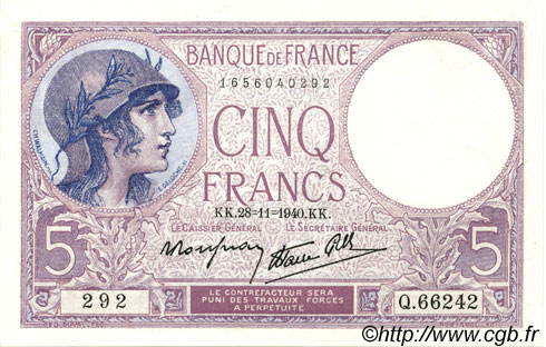 5 Francs FEMME CASQUÉE modifié FRANKREICH  1939 F.04.15 fST