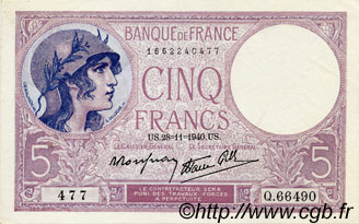 5 Francs FEMME CASQUÉE modifié FRANCIA  1940 F.04.15 EBC+