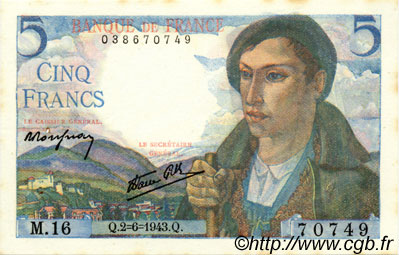 5 Francs BERGER FRANKREICH  1943 F.05.01 fST