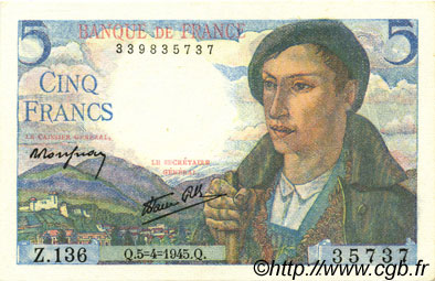 5 Francs BERGER FRANCE  1945 F.05.06 UNC-