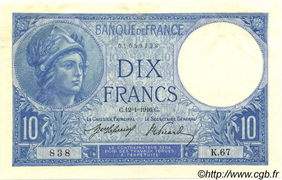 10 Francs MINERVE FRANCIA  1916 F.06.01 EBC a SC