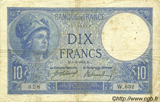 10 Francs MINERVE FRANCIA  1916 F.06.01 BC