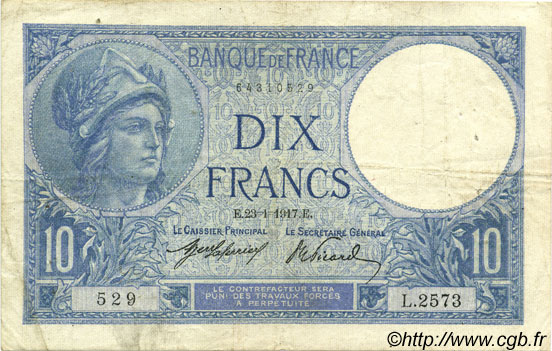 10 Francs MINERVE FRANCIA  1917 F.06.02 BC