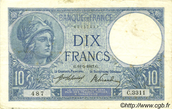 10 Francs MINERVE FRANKREICH  1917 F.06.02 SS