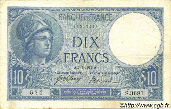 10 Francs MINERVE FRANKREICH  1917 F.06.02 fSS