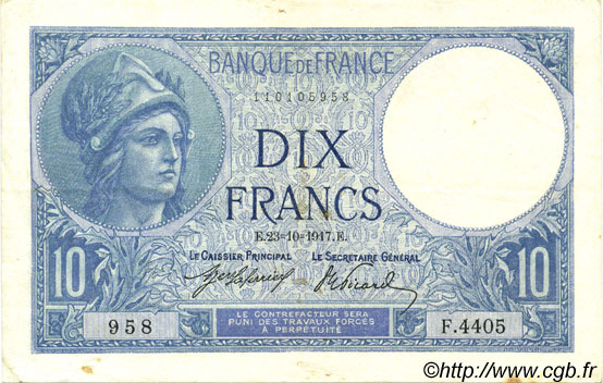 10 Francs MINERVE FRANCE  1917 F.06.02 XF+