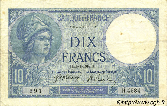 10 Francs MINERVE FRANCIA  1918 F.06.03 q.BB