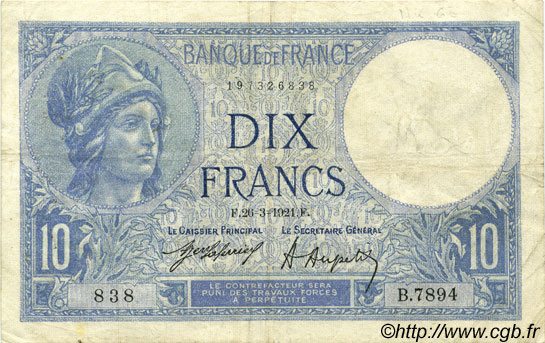 10 Francs MINERVE FRANCIA  1921 F.06.05 BC+