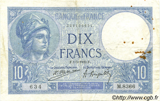10 Francs MINERVE FRANCE  1922 F.06.06 F+