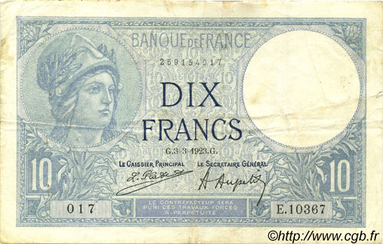10 Francs MINERVE FRANCIA  1923 F.06.07 BC+