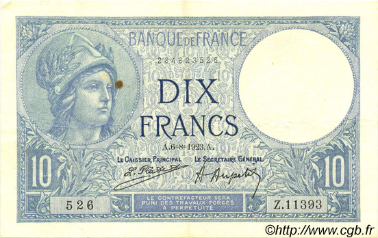 10 Francs MINERVE FRANKREICH  1923 F.06.07 SS