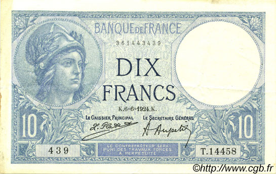 10 Francs MINERVE FRANCIA  1924 F.06.08 MBC+