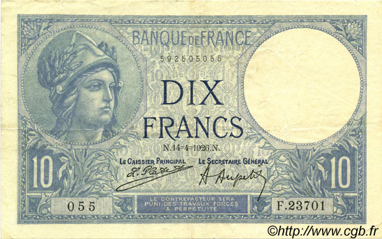 10 Francs MINERVE FRANCE  1926 F.06.10 VF