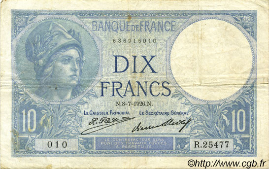 10 Francs MINERVE FRANCE  1926 F.06.11 VF-