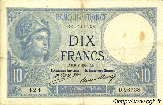 10 Francs MINERVE FRANCE  1926 F.06.11 VF