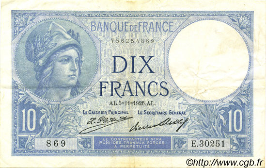 10 Francs MINERVE FRANKREICH  1926 F.06.11 fVZ