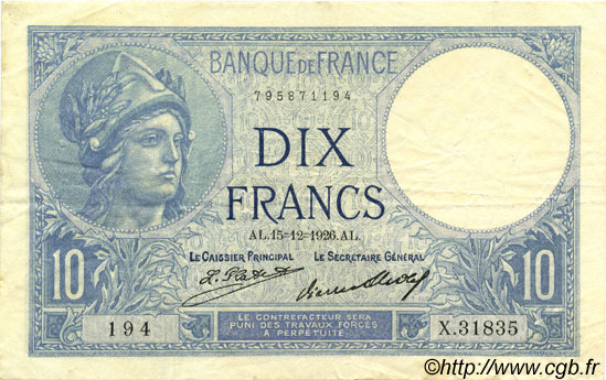 10 Francs MINERVE FRANKREICH  1926 F.06.11 SS