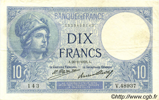 10 Francs MINERVE FRANCIA  1928 F.06.13 MBC+