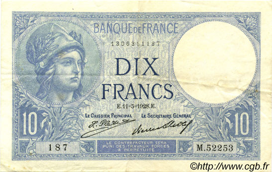 10 Francs MINERVE FRANCE  1928 F.06.13 pr.SUP